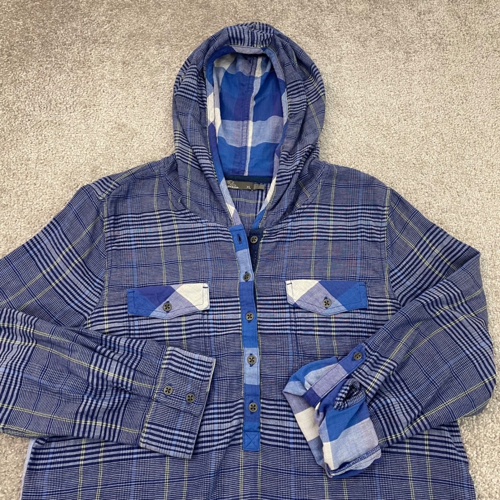 prAna Top Womens Extra Large Hooded Blue Plaid Mixed Print Button Up Tunic